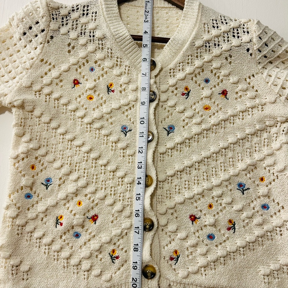Vintage Inspired Classic Woman's Cream Embroidered Openwork Knit Cardigan - Picture 8 of 9